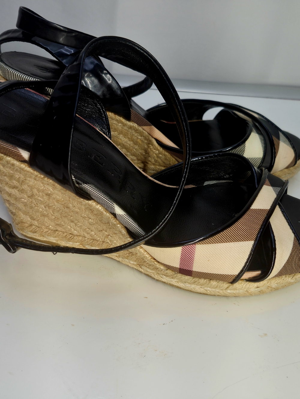 Burberry Plaid Espadrille Wedge Sandals - Black & Beige - Picture 4 of 9